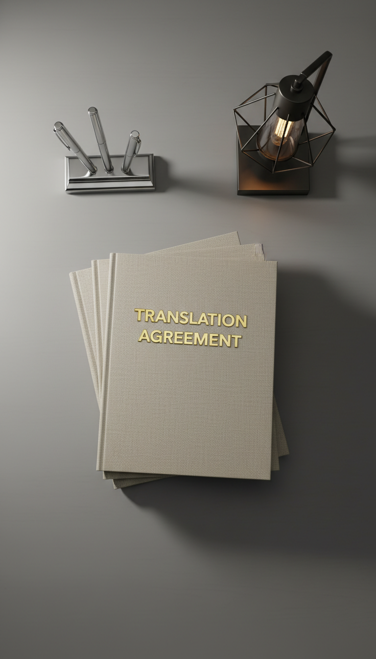 A stack of three hardbound business documents prominently displaying the words "Translation Agreement" in gold embossed letters, printed on textured neutral-toned covers. These documents rest neatly atop a smooth slate-gray desk with clean lines and minimalist office accessories arranged symmetrically. Soft studio lighting illuminates the documents, casting subtle highlights along their crisp edges and gentle shadows across the desk, giving a sense of order and clarity. The composition is centered with a slight bird's-eye view, focusing on the structured logic of the space. The mood is highly professional and trustworthy, with a photographic realism and corporate, clean aesthetic supporting the credibility of business translation services.